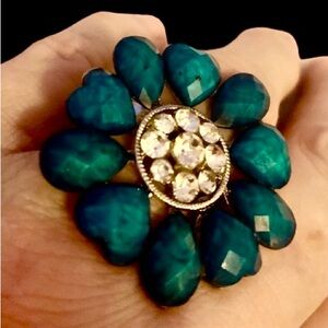 Blue Flower & Heart Beaded Ring Rhinestone Adjustable Band Woman’s Jewelry